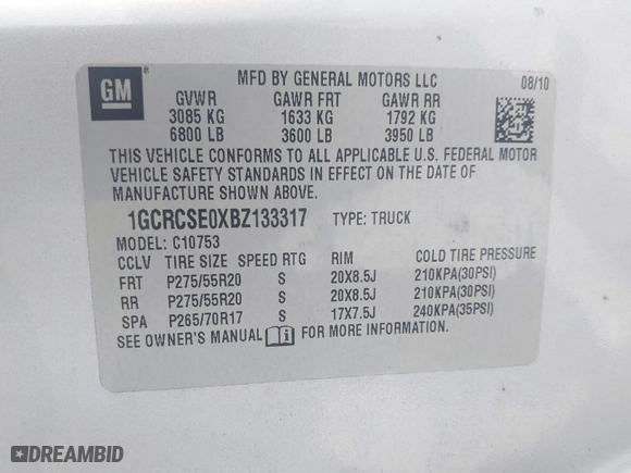 2011 Chevrolet Silverado 1500 LT with VIN 1GCRCSE0XBZ133317, listed as a IAAI auction lot 40613235 with 96,334 mi miles. Bid and sale history available at carsss.com. Image 9.