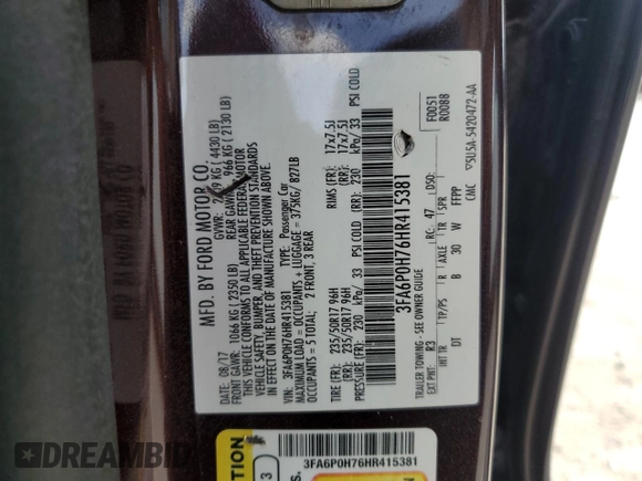 2017 Ford Fusion SE with VIN 3FA6P0H76HR415381, listed as a Copart auction lot 62000325 with 173,319 mi miles and Salvage title. Bid and sale history available at DreamBid. Image 12.