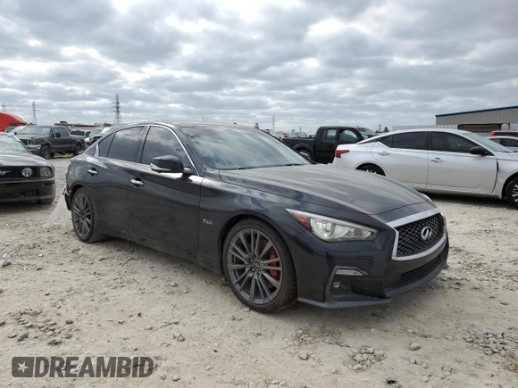 2019 Infiniti Q50 Red Sport 400 with VIN JN1FV7APXKM760676, listed as a Copart auction lot 53042805 with 112,374 mi miles and Salvage title. Bid and sale history available at DreamBid. Image 4.