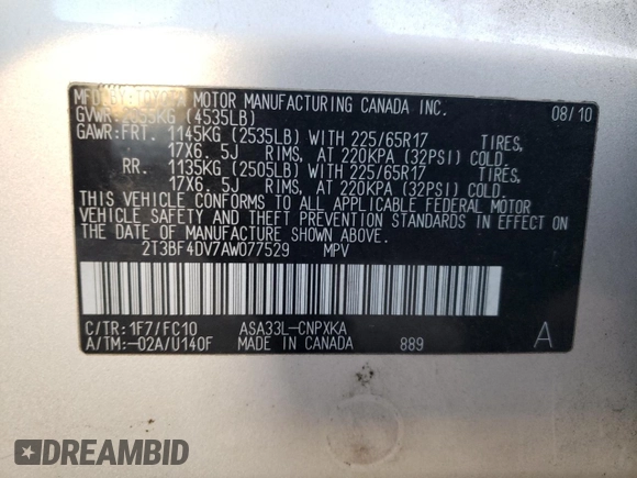 2010 Toyota RAV4 with VIN 2T3BF4DV7AW077529, listed as a Copart auction lot 49220875 with 102,124 mi miles and Salvage Title. Bid and sale history available at carsss.com. Image 15.