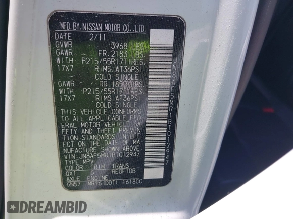 2011 Nissan Juke SL with VIN JN8AF5MR1BT012947, listed as a IAAI auction lot 42175811 with 177,979 mi miles and . Bid and sale history available at DreamBid. Image 9.