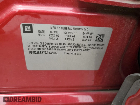 2012 Cadillac CTS Performance with VIN 1G6DJ5E37C0136650, listed as a Copart auction lot 71273254 with 184,651 mi miles and Salvage title. Bid and sale history available at DreamBid. Image 14.