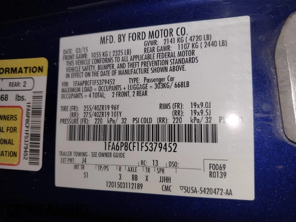2015 Ford Mustang GT with VIN 1FA6P8CF1F5379452, listed as a IAAI auction lot 41355235 with 128,257 mi miles and . Bid and sale history available at DreamBid. Image 9.