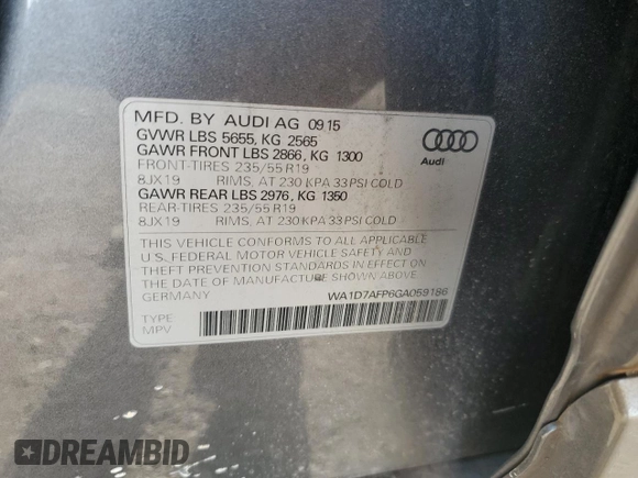 2016 Audi Q5 Premium Plus с VIN WA1D7AFP6GA059186, выставлен на аукционе Copart как лот 55206495 с пробегом 46 287 миль миль и Списание • Salvage title. История ставок и продаж доступна на DreamBid. Изображение 13.