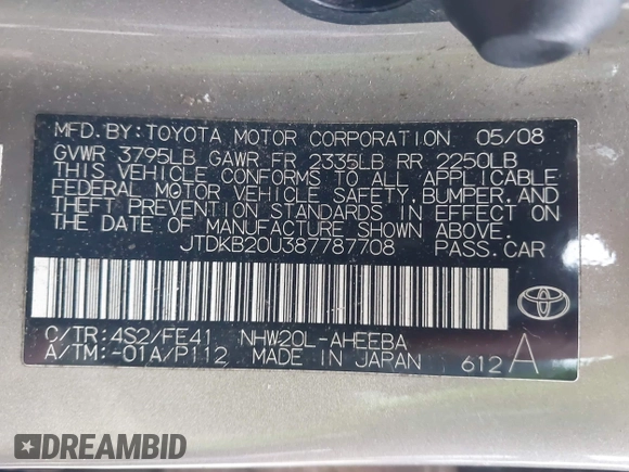 2008 Toyota Prius with VIN JTDKB20U387787708, listed as a IAAI auction lot 41544365 with 132,439 mi miles and . Bid and sale history available at carsss.com. Image 9.