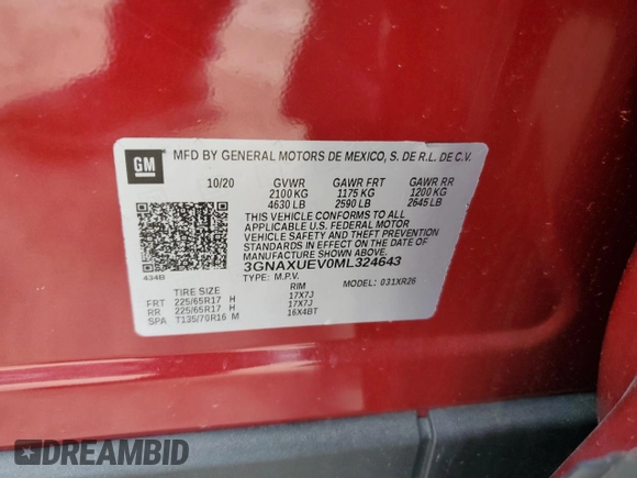 2021 Chevrolet Equinox LT with VIN 3GNAXUEV0ML324643, listed as a Copart auction lot 54263985 with 49,780 mi miles and Salvage Title. Bid and sale history available at DreamBid. Image 12.