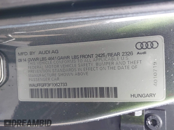 2015 Audi S3 2.0T Prestige with VIN WAUFFGFF3F1062733, listed as a IAAI auction lot 41725140 with 106,815 mi miles. Bid and sale history available at carsss.com. Image 9.