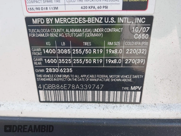 2008 Mercedes-Benz M 350 with VIN 4JGBB86E78A339747, listed as a IAAI auction lot 42133297 with 201,280 mi miles and . Bid and sale history available at DreamBid. Image 9.