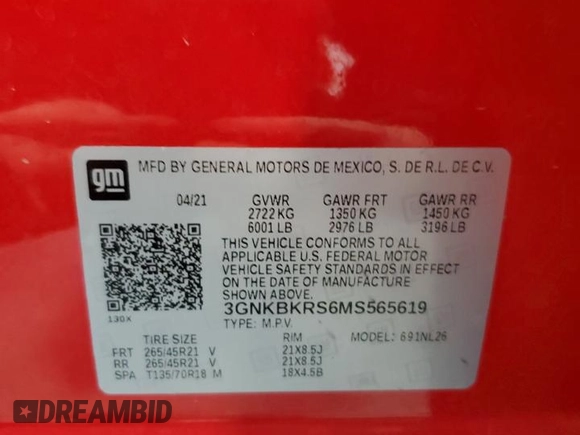 2021 Chevrolet Blazer RS with VIN 3GNKBKRS6MS565619, listed as a Copart auction lot 54439495 with 46,046 mi miles and Salvage title. Bid and sale history available at DreamBid. Image 14.