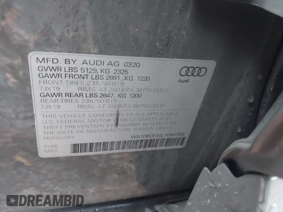 2020 Audi Q3 S line Premium with VIN WA1DECF36L1094769, listed as a IAAI auction lot 41191285 with 30,769 mi miles and . Bid and sale history available at DreamBid. Image 9.