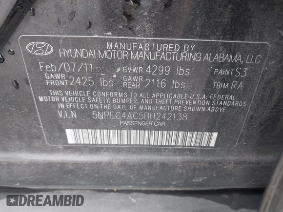 2011 Hyundai Sonata Limited with VIN 5NPEC4AC5BH242138, listed as a IAAI auction lot 41822876 with 206,592 mi miles and . Bid and sale history available at DreamBid. Image 9.