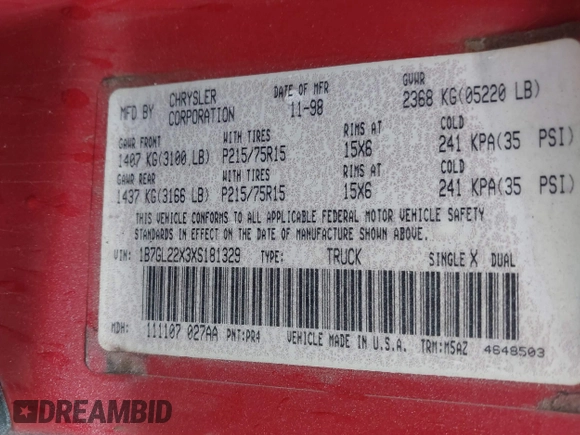 1999 Dodge Dakota SLT z VIN 1B7GL22X3XS181329, wystawiony jako IAAI lot #41480264 z przebiegiem 227 616 mil mil oraz . Historia ofert i sprzedaży dostępna na DreamBid. Obrazek 9.