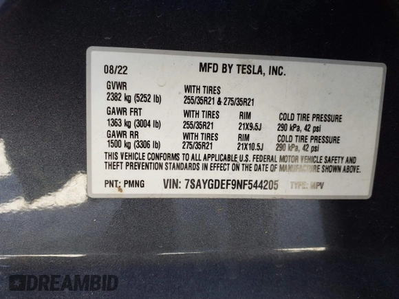 2022 Tesla Model Y Performance with VIN 7SAYGDEF9NF544205, listed as a IAAI auction lot 41825453 with 33,039 mi miles and . Bid and sale history available at DreamBid. Image 9.