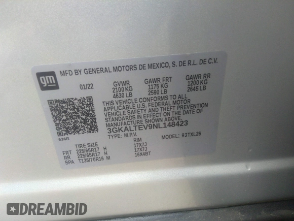 2022 GMC Terrain SLE with VIN 3GKALTEV9NL148423, listed as a IAAI auction lot 41731672 with 133,752 mi miles and . Bid and sale history available at DreamBid. Image 9.