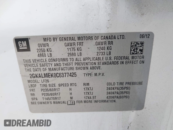 2012 GMC Terrain SLE-1 with VIN 2GKALMEK0C6377425, listed as a IAAI auction lot 41956159 with 195,377 mi miles and . Bid and sale history available at carsss.com. Image 9.