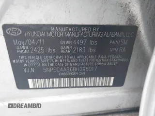 2011 Hyundai Sonata Limited with VIN 5NPEC4AB6BH295017, listed as a IAAI auction lot 41436827 with 179,204 mi miles and . Bid and sale history available at DreamBid. Image 9.
