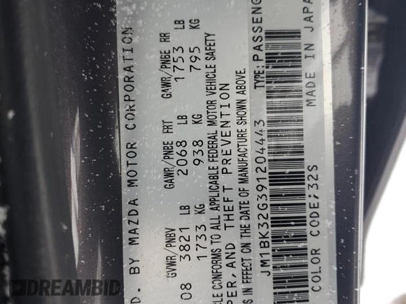 2009 Mazda 3 i Touring Value with VIN JM1BK32G391204443, listed as a Copart auction lot 46252085 with 159,042 mi miles and Salvage Title. Bid and sale history available at DreamBid. Image 14.