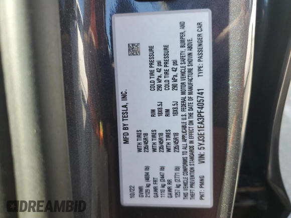 2023 Tesla Model 3 с VIN 5YJ3E1EA3PF405741, выставлен на аукционе Copart как лот 55800195 с пробегом 18 317 миль миль и Списание • Salvage title. История ставок и продаж доступна на DreamBid. Изображение 12.