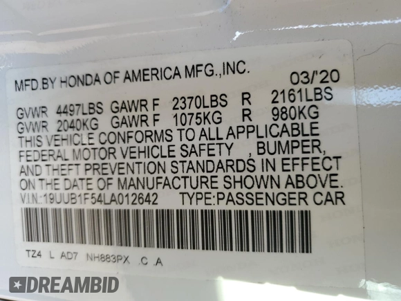 2020 Acura TLX w/Technology Pkg with VIN 19UUB1F54LA012642, listed as a Copart auction lot 46291945 with 52,859 mi miles and Non Repairable. Bid and sale history available at carsss.com. Image 12.