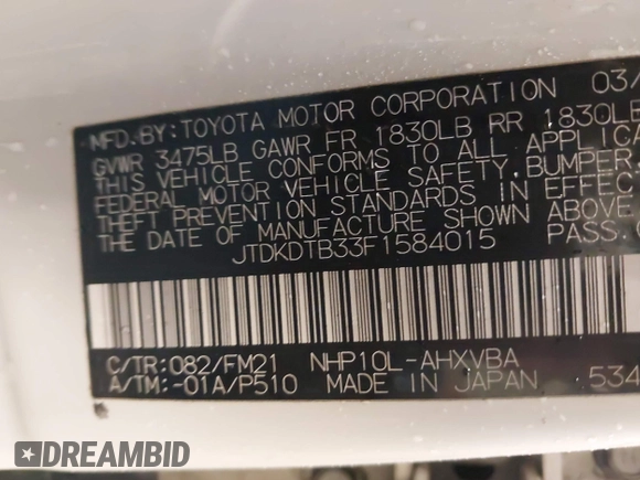 2015 Toyota Prius One with VIN JTDKDTB33F1584015, listed as a IAAI auction lot 41938091 with Not Provided miles and . Bid and sale history available at carsss.com. Image 9.