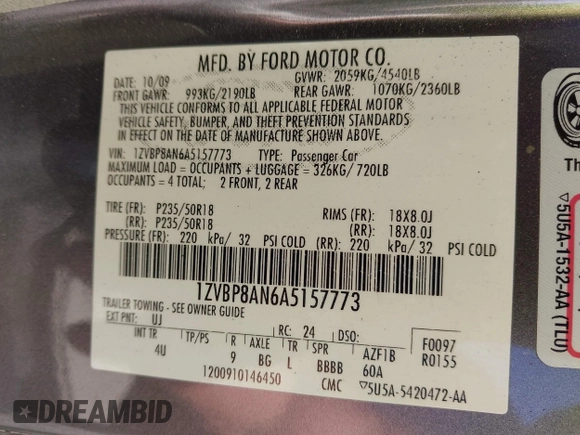 2010 Ford Mustang V6 с VIN 1ZVBP8AN6A5157773, выставлен на аукционе IAAI как лот 41921156 с пробегом 118 549 миль миль и . История ставок и продаж доступна на DreamBid. Изображение 9.