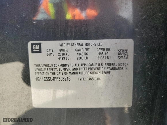 2015 Chevrolet Malibu LT with VIN 1G11C5SL4FF303216, listed as a Copart auction lot 52233865 with 106,371 mi miles and Clean Title. Bid and sale history available at carsss.com. Image 12.