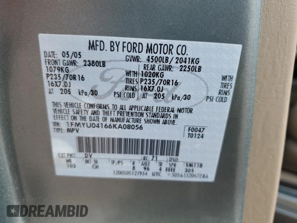 2006 Ford Escape Limited with VIN 1FMYU04166KA08056, listed as a Copart auction lot 45030965 with Not provided miles and Salvage title. Bid and sale history available at DreamBid. Image 12.