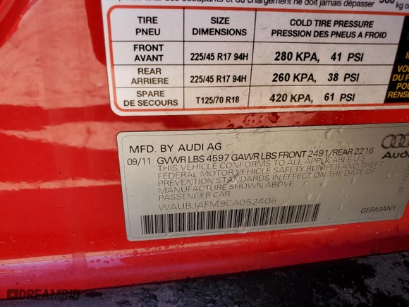 2012 Audi A3 2.0 TDI Premium with VIN WAUBJAFM9CA052406, listed as a Copart auction lot 80518004 with 133,138 mi miles and Salvage Title. Bid and sale history available at carsss.com. Image 12.