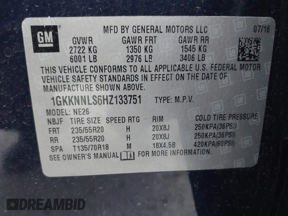 2017 GMC Acadia SLT z VIN 1GKKNNLS6HZ133751, wystawiony jako IAAI lot #41959332 z przebiegiem 110 913 mil mil oraz . Historia ofert i sprzedaży dostępna na DreamBid. Obrazek 9.