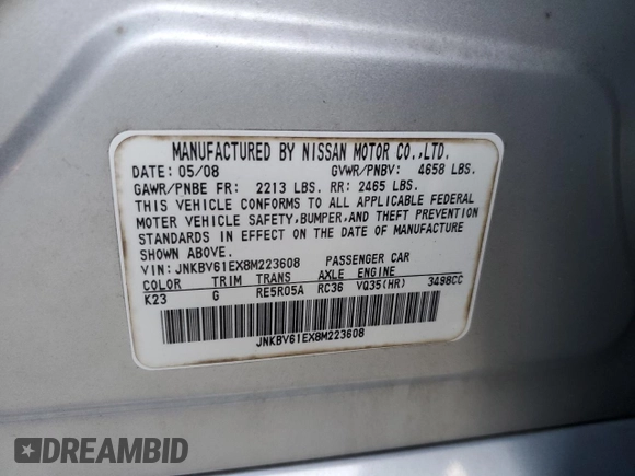 2008 Infiniti G35 with VIN JNKBV61EX8M223608, listed as a Copart auction lot 84799084 with 71,328 mi miles and Salvage Title. Bid and sale history available at DreamBid. Image 12.