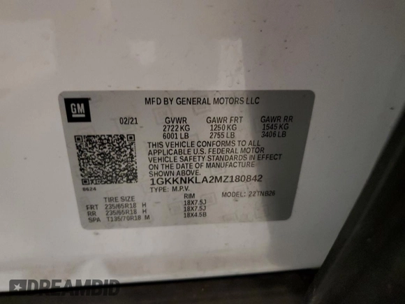 2021 GMC Acadia SLE with VIN 1GKKNKLA2MZ180842, listed as a Copart auction lot 46275615 with 26,701 mi miles and Salvage Title. Bid and sale history available at DreamBid. Image 13.