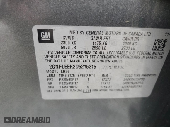 2013 Chevrolet Equinox LT z VIN 2GNFLEEK2D6215215, wystawiony jako Copart lot #57359615 z przebiegiem 94 280 mil mil oraz Szkoda całkowita • Salvage title. Historia ofert i sprzedaży dostępna na DreamBid. Obrazek 13.