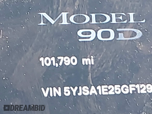 2016 Tesla Model S 90D with VIN 5YJSA1E25GF129482, listed as a IAAI auction lot 42588913 with 101,790 mi miles and . Bid and sale history available at DreamBid. Image 15.