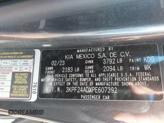 2023 Kia Forte LXS with VIN 3KPF24ADXPE607392, listed as a IAAI auction lot 40892259 with 35,581 mi miles and . Bid and sale history available at DreamBid. Image 9.