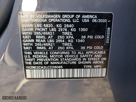 2020 Volkswagen Atlas Cross Sport 3.6L V6 SEL R-Line with VIN 1V2RE2CA2LC226065, listed as a Copart auction lot 42073824 with 70,110 mi miles. Bid and sale history available at carsss.com. Image 13.