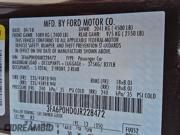 2018 Ford Fusion SE with VIN 3FA6P0HD0JR228472, listed as a Copart auction lot 62747845 with 62,554 mi miles and Clean title. Bid and sale history available at DreamBid. Image 12.
