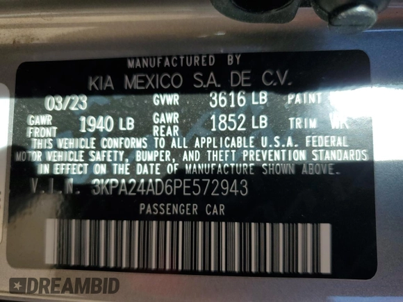2023 Kia Rio LX with VIN 3KPA24AD6PE572943, listed as a Copart auction lot 48073475 with 34,677 mi miles and Salvage Title. Bid and sale history available at DreamBid. Image 12.