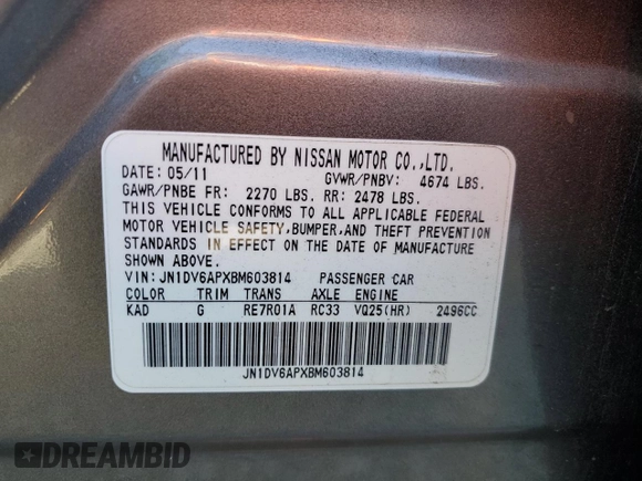 2011 Infiniti G25 Journey with VIN JN1DV6APXBM603814, listed as a Copart auction lot 49744235 with 145,615 mi miles and Salvage title. Bid and sale history available at DreamBid. Image 12.