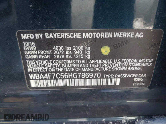 2017 BMW 4 Series 430i with VIN WBA4F7C56HG786970, listed as a IAAI auction lot 41361394 with 94,056 mi miles and . Bid and sale history available at DreamBid. Image 9.