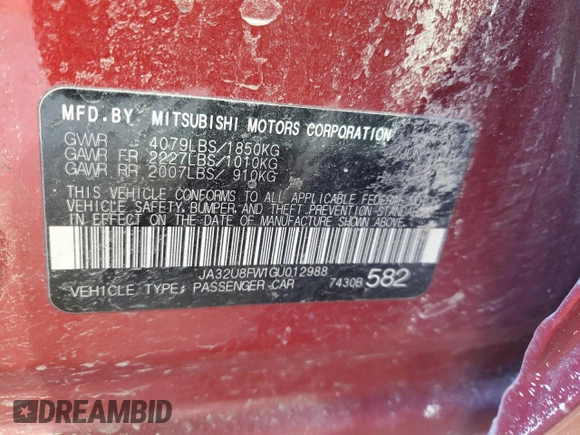 2016 Mitsubishi Lancer GT with VIN JA32U8FW1GU012988, listed as a Copart auction lot 59460484 with 0 mi miles and Salvage Title. Bid and sale history available at carsss.com. Image 12.