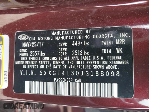 2018 Kia Optima LX z VIN 5XXGT4L30JG188098, wystawiony jako Copart lot #56642445 z przebiegiem 85 159 mil mil oraz Szkoda całkowita • Salvage title. Historia ofert i sprzedaży dostępna na DreamBid. Obrazek 12.