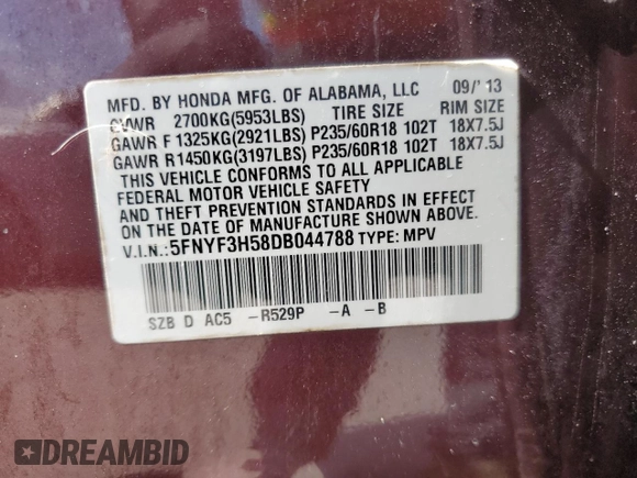 2013 Honda Pilot EX-L с VIN 5FNYF3H58DB044788, выставлен на аукционе Copart как лот 60202325 с пробегом Не указан миль и Списание • Salvage title. История ставок и продаж доступна на DreamBid. Изображение 13.