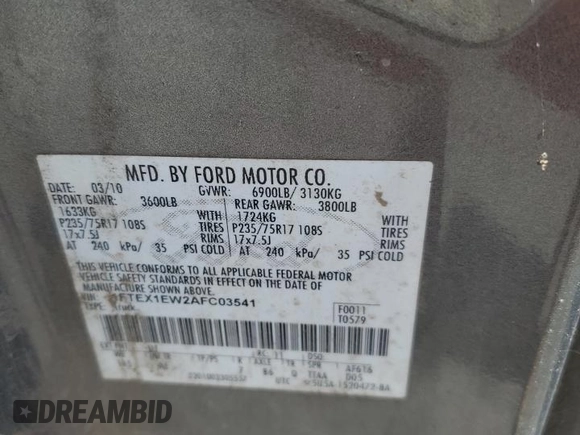 2010 Ford F-150 XL with VIN 1FTEX1EW2AFC03541, listed as a Copart auction lot 65168785 with 131,158 mi miles and Clean title. Bid and sale history available at DreamBid. Image 12.
