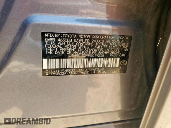2015 Lexus IS 350 with VIN JTHBE1D29F5017238, listed as a Copart auction lot 58859345 with 115,492 mi miles and Salvage title. Bid and sale history available at DreamBid. Image 13.