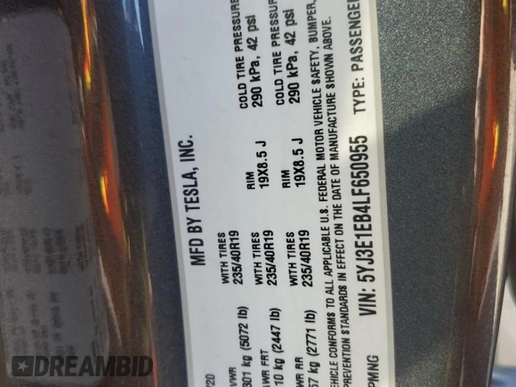 2020 Tesla Model 3 Long Range with VIN 5YJ3E1EB4LF650955, listed as a Copart auction lot 51931255 with 59,046 mi miles and Salvage Title. Bid and sale history available at carsss.com. Image 12.