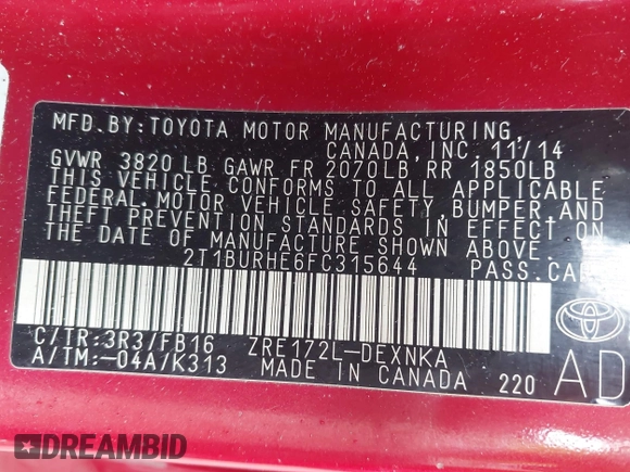 2015 Toyota Corolla L z VIN 2T1BURHE6FC315644, wystawiony jako IAAI lot #42203626 z przebiegiem 140 378 mil mil oraz . Historia ofert i sprzedaży dostępna na DreamBid. Obrazek 9.