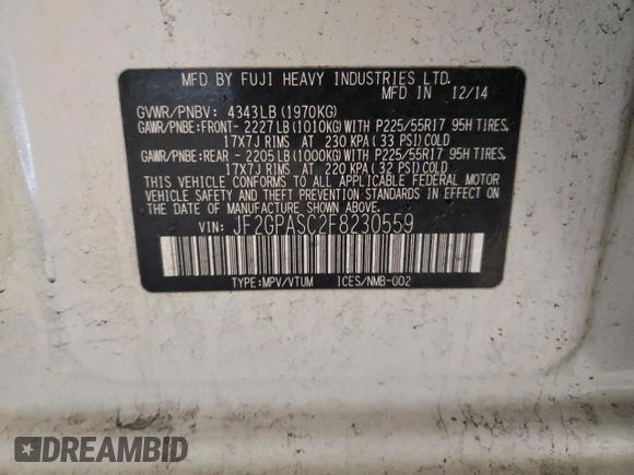 2015 Subaru Crosstrek Limited with VIN JF2GPASC2F8230559, listed as a Copart auction lot 59307555 with 111,111 mi miles and Salvage title. Bid and sale history available at DreamBid. Image 12.