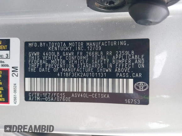 2010 Toyota Camry with VIN 4T1BF3EK2AU101131, listed as a IAAI auction lot 42127493 with 171,289 mi miles and . Bid and sale history available at DreamBid. Image 9.