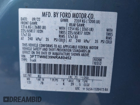 2022 Ford Maverick XL z VIN 3FTTW8E39NRA80452, wystawiony jako IAAI lot #41815501 z przebiegiem 65 096 mil mil oraz . Historia ofert i sprzedaży dostępna na DreamBid. Obrazek 9.