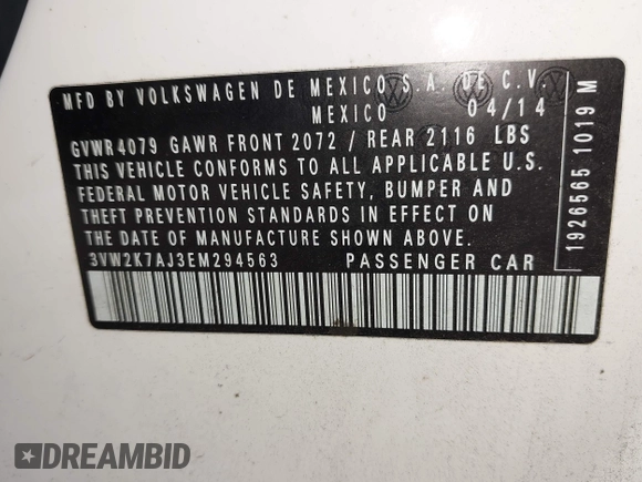 2014 Volkswagen Jetta S with VIN 3VW2K7AJ3EM294563, listed as a IAAI auction lot 42584163 with 149,769 mi miles and . Bid and sale history available at DreamBid. Image 9.